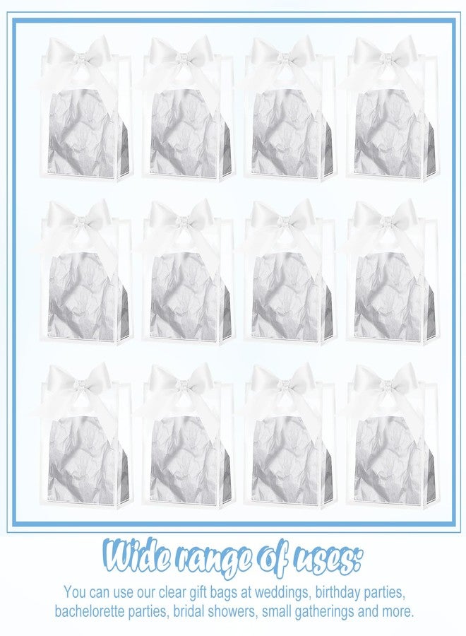 Tenare 12 Pack 4×2.8×4.5 Inch Mini Clear Plastic Gift Bags with Handles Valentines Extra Small Transparent Party Favor Bags Bulk with Ribbon Tissue Paper for Wedding Party Supplies(White) - Image 4
